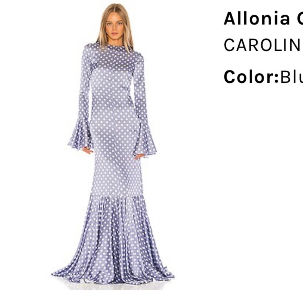 CAROLINE CONSTAS Allonia  Bell Sleeves Polka Dot Maxi Dress Gown in Blue Medium